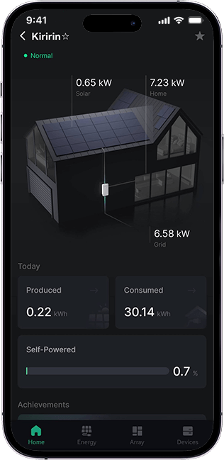 Application ATMOCE Atmozen affichant la production et la consommation