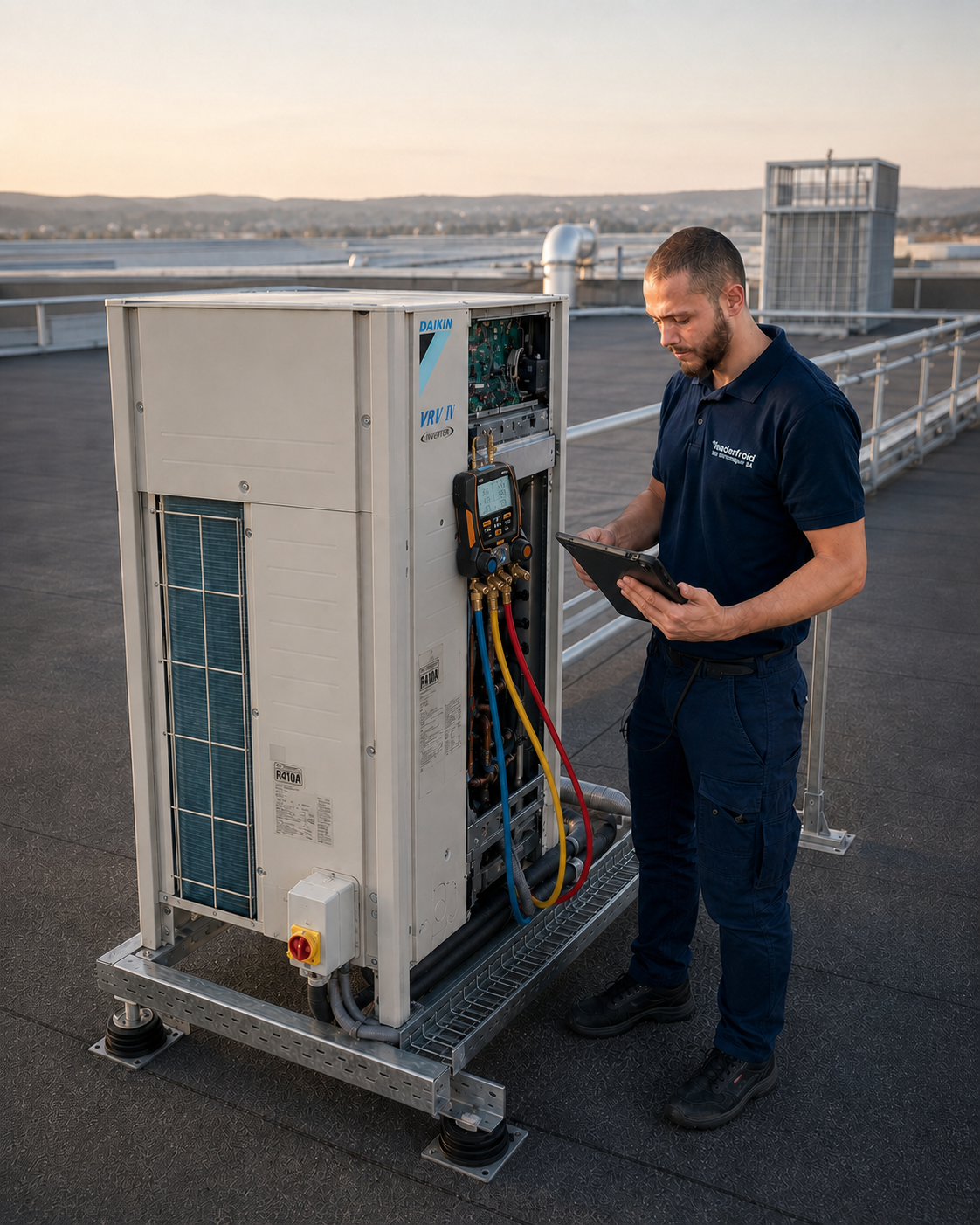 Technicien Leader Froid intervenant avec un manomètre Testo sur un groupe Daikin VRV