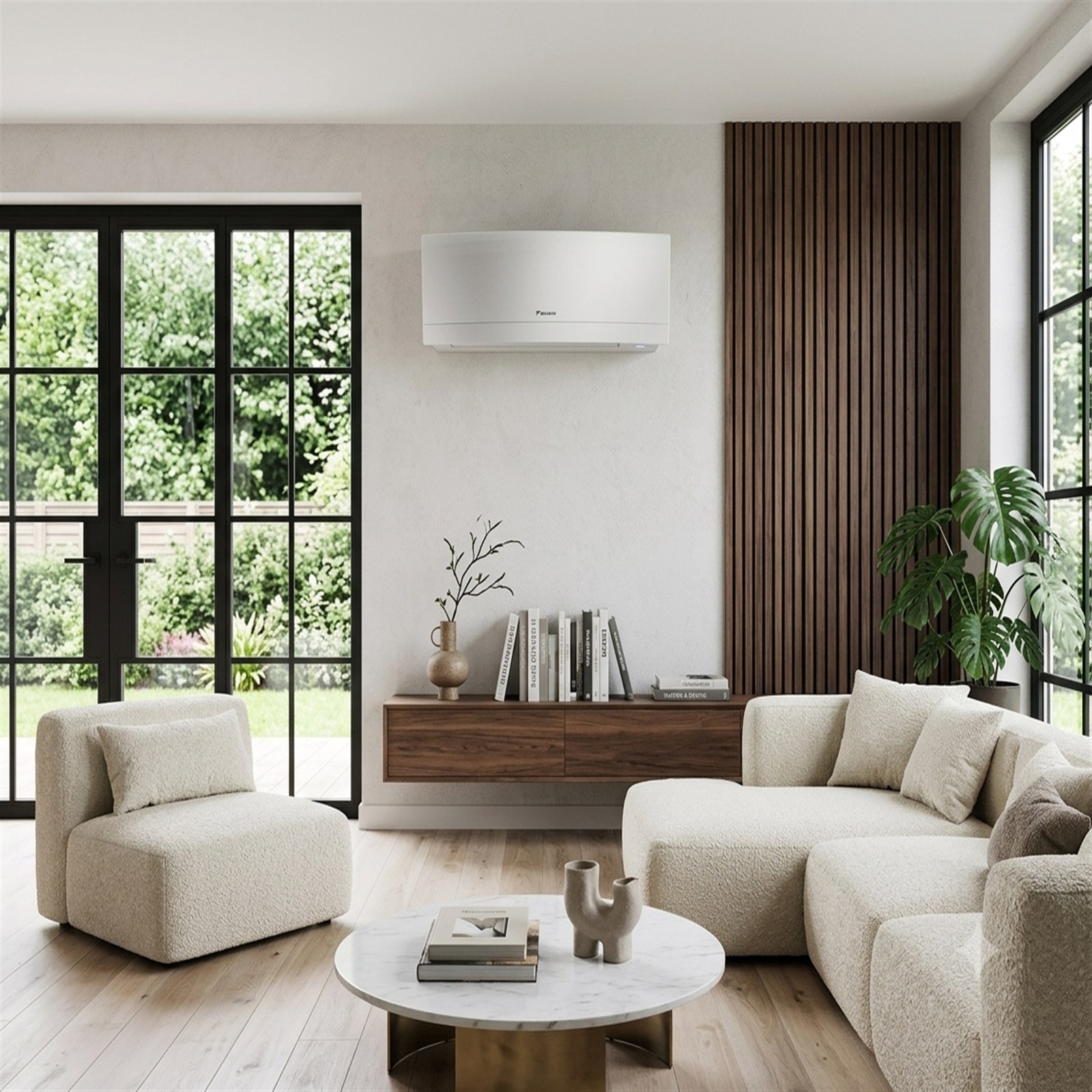 Illustration d’un climatiseur Daikin Emura blanc dans un salon contemporain