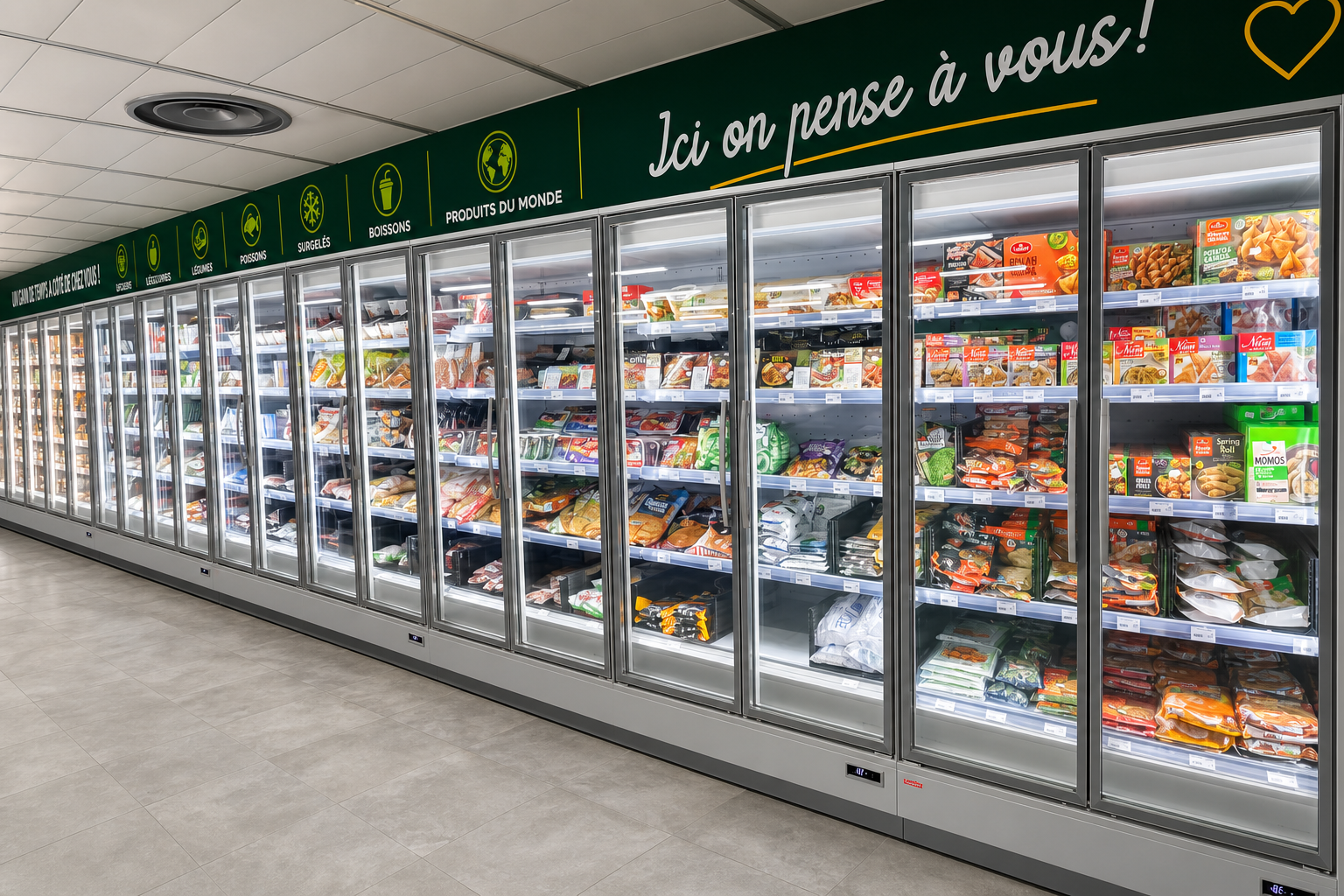 Meubles frigorifiques vitrés alignés dans le rayon d’un supermarché