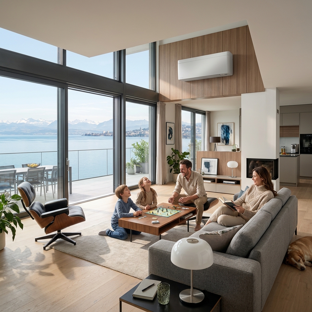 Salon contemporain équipé d’une climatisation Daikin Stylish